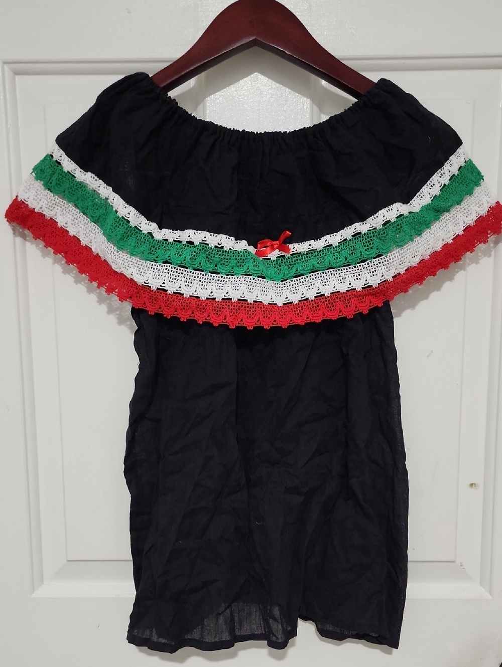 Off-Shoulder Black Top with Red, White & Green Trim